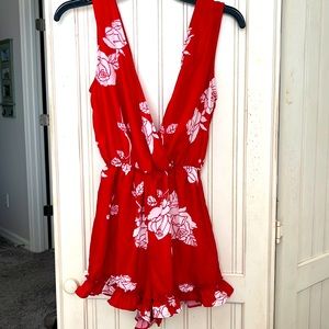 Red Floral V-cut Romper